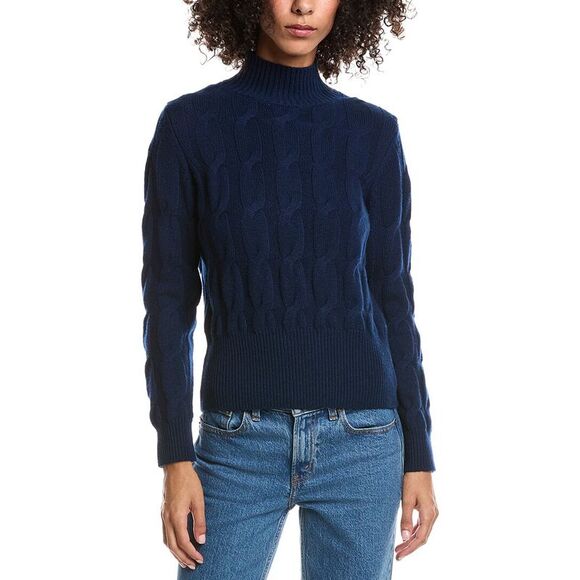 Forte Cashmere WomensCable Wool & Cashmere-Blend Mock Neck Sweater, Blue